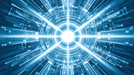 Fototapeta premium Bright futuristic technology background with glowing blue light beams radiating from central circular core, creating dynamic and energetic digital tunnel effect