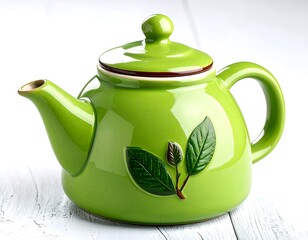 Bright green ceramic teapot with tea leaves design