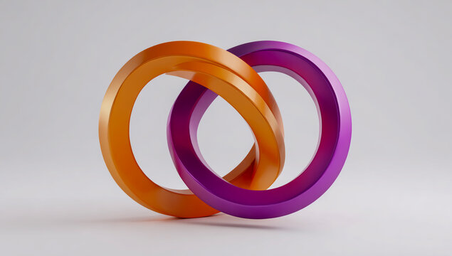 Interlocking oval shapes in orange and purple abstract sculpture against a white background - Powered by Adobe