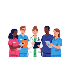 Illustration of a diverse group of medical professionals standing together with clipboards and tablets in a clean and simple style.