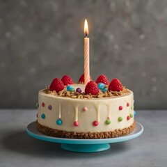 Festive birthday cake with lit candles and colorful sprinkles isolated on transparent background