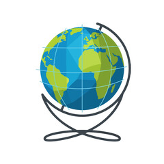 Graphic illustration of a colorful globe on a stand against a white background