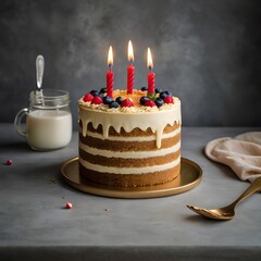 Festive birthday cake with lit candles and colorful sprinkles isolated on transparent background