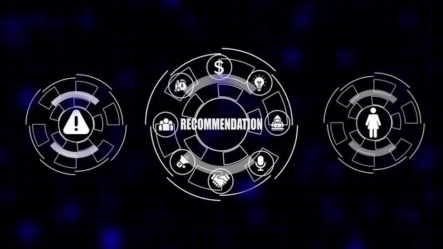 Digital recommendation hub with icons for finance people idea warning microphone and handshake on