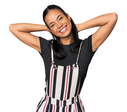 Young Filipino woman in studio stretching arms, relaxed position. - Powered by Adobe