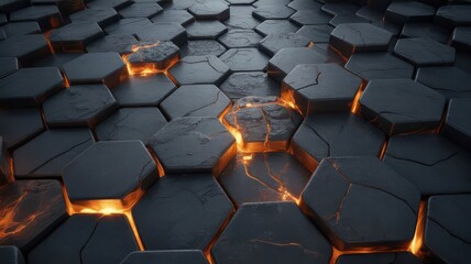 Dark grey hexagonal tiles with glowing orange lava cracks pattern texture
