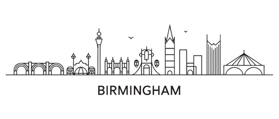 Birmingham Line Art skyline horizontal banner. Birmingham, United Kingdom. Vector template for your design. with white background