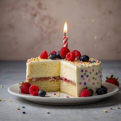 Festive birthday cake with lit candles and colorful sprinkles isolated on transparent background