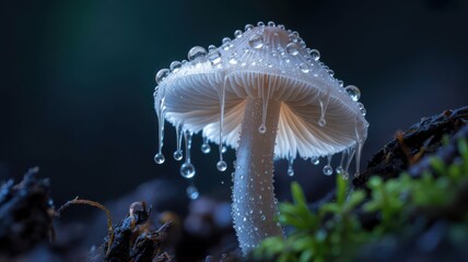 Macro photograph of a luminous white mushroom covered in water droplets fungi