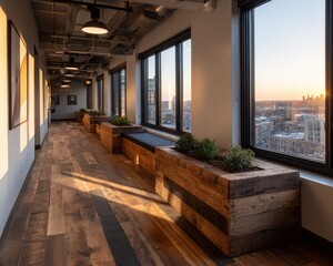 A long hallway with wooden floors and potted plants