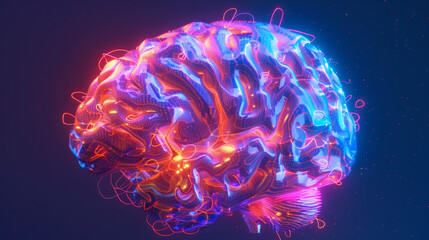 Fototapeta premium Futuristic glowing digital brain illustration showcasing artificial intelligence, neural networks, and innovation, representing the fusion of human intelligence with technology through vibrant neon li