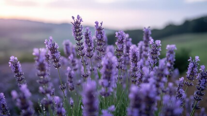 Fototapeta premium Close up of purple lavender flowers with water droplets in a field at sunrise nature