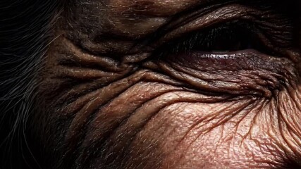 Close-up of aged human skin reveals intricate patterns of wrinkles and folds, showcasing the effects of time and the body's natural aging process.