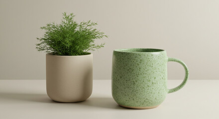 A small green plant in a beige pot next to a speckled green ceramic mug on a neutral surface.