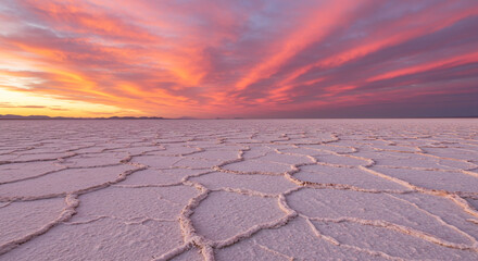 Vast salt flat under a vibrant sunset sky, showcasing textured ground and colorful clouds.
