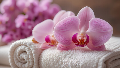 "Pink Orchids on Rolled White Towel &ndash; Spa Setting with Soft Light and Floral Elegance"