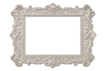 Empty silver baroque ornate picture frame with transparent background, perfect for showcasing artwork or photos