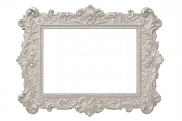 Empty silver baroque ornate picture frame with transparent background, perfect for showcasing artwork or photos