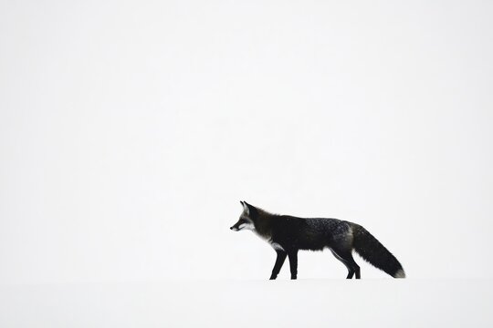 Cross fox walking gracefully across a snowy expanse in a serene white winter landscape, capturing the essence of minimalist wildlife photography - Powered by Adobe