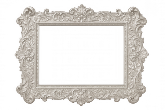 Empty silver baroque ornate picture frame with transparent background, perfect for showcasing artwork or photos