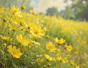 Obraz premium Bright yellow cosmos flowers in a field