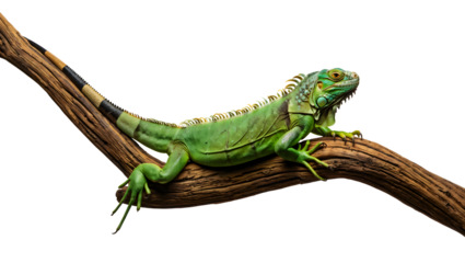 Green iguana perched on a branch isolated on transparent background