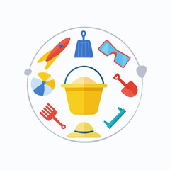 Colorful beach and sand toys set with bucket, shovel, rake, and ball for summer fun