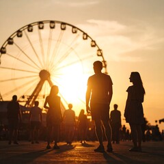 Silhouette of people at a sunset Ferris wheel
