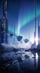 Futuristic Cityscape with Floating Structures and Aurora Borealis.