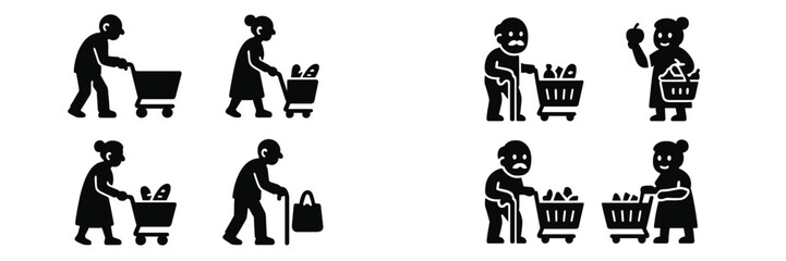 Diverse group of active senior citizens grocery shopping with carts and baskets filled with food and household items