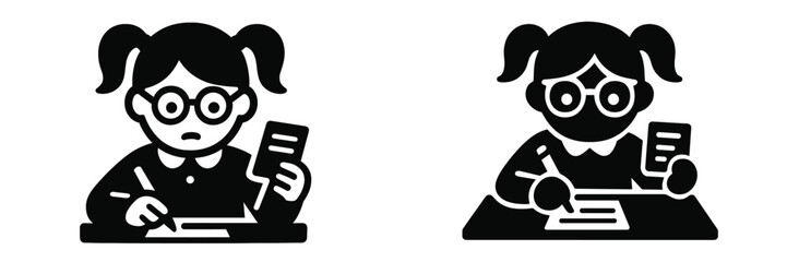 A young female student with glasses writing at her desk while taking a difficult school exam in black and white