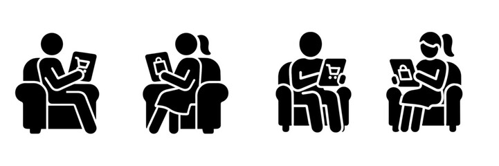 People shopping online from home using a tablet device while sitting in an armchair black glyph icon set