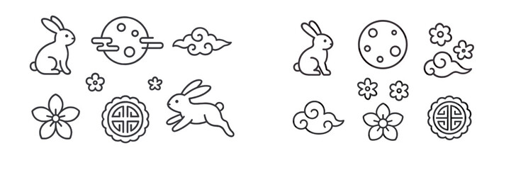 Mid-Autumn Festival line art icon set with traditional symbols like the jade rabbit, mooncakes, and a full moon for Asian holiday celebrations