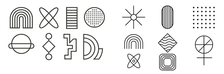 Set of minimalist geometric shapes and abstract symbols for modern design, including rainbow, planet, and sun icons