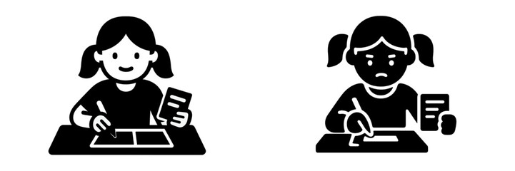 Happy and sad girl student taking a test icon set showing emotions during an exam or while studying at a desk