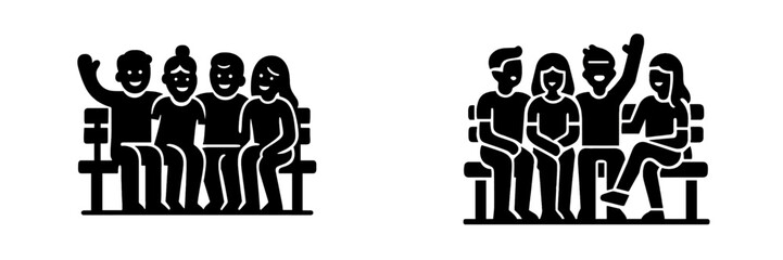 Set of two black glyph icons showing a group of four people sitting together on a park bench as friends or an audience