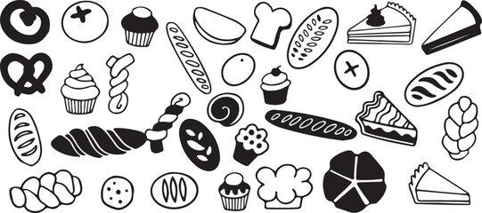 Bread and Bakery Doodle Vector – Croissant, Loaf, Baguette, Cupcake, Pastry Illustration, Food Icon Set