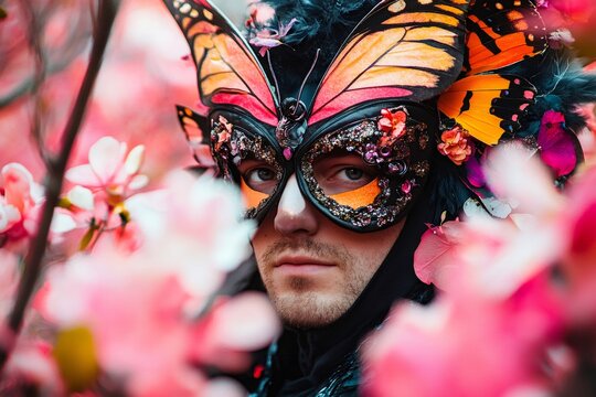 Portrait of a model wearing an elegant butterfly mask, posing gracefully in a vibrant garden filled with blooming pink flowers - Powered by Adobe