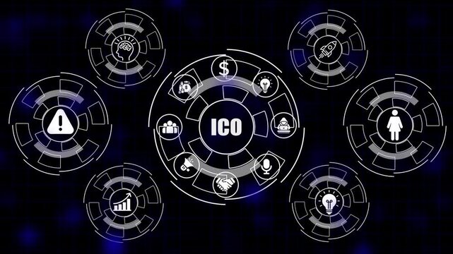 I C O Initial Coin Offering Cryptocurrency Fundraising Digital Technology Concept With Icons For