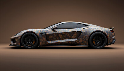 Luxury sports car with custom paisley design, exuding elegance and style for automotive enthusiasts and design aficionados seeking high-end visuals