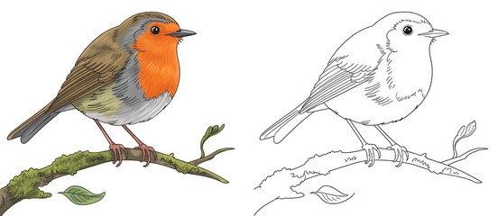 Illustration of European Robin Bird with Line Art Version on White