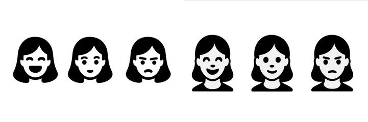 Woman face icon set with various emotions like happy, sad, and angry in a simple black and white style