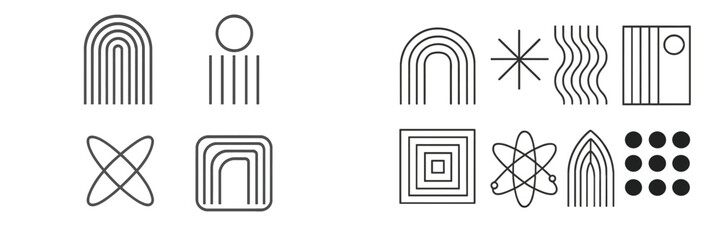 Set of minimalist geometric shapes and abstract symbols for modern design projects, including arches, lines, circles, and atomic icons in a clean linear style