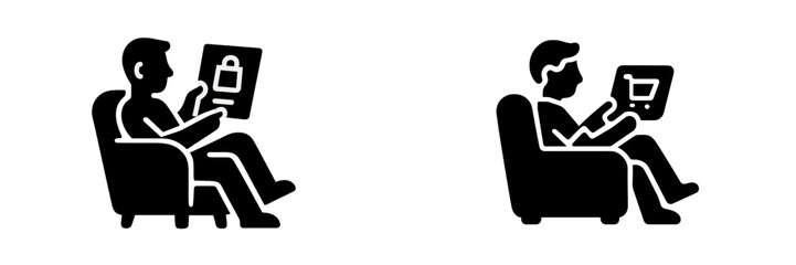 Black glyph icon set of a man sitting in an armchair using a tablet for secure online shopping and private browsing