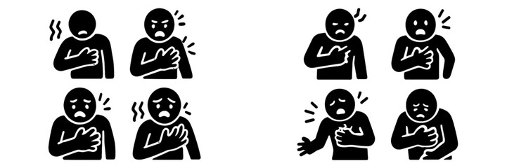 Set of black glyph icons showing a person with chest pain, a symptom of a heart attack or cardiac arrest