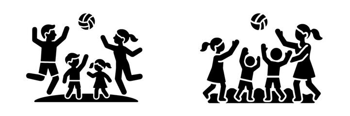 Family playing volleyball black glyph icon set for active summer leisure and outdoor sports activity with parents and children