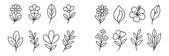 Collection of hand-drawn doodle flowers and leaves, minimalist botanical line art elements for design, simple floral icons set