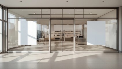 Mockup white paper or white promotion poster displayed on the front of the restaurant, coffee shop Promotion information for marketing announcements and details