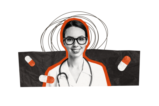 Composite photo collage of happy doctor pharmacists girl wear uniform covid drug prevention antibiotic isolated on painted background