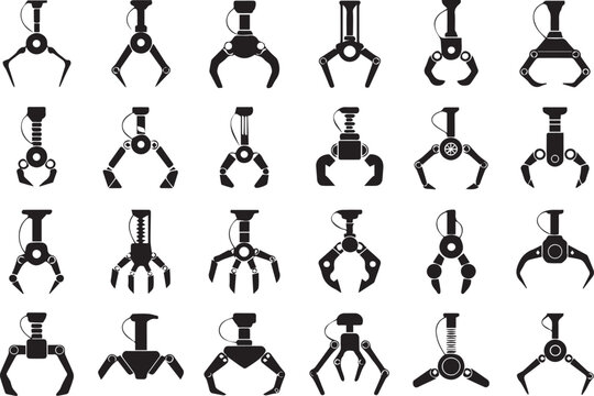 collection of black silhouette robotic grippers in various designs for mechanical engineering and factory automation